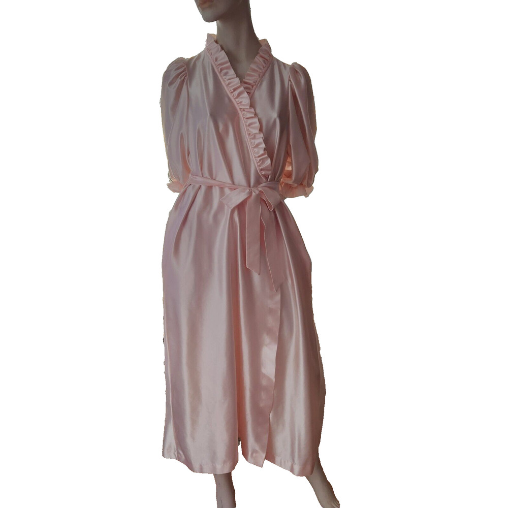 Beth Michaels Robe Vintage JCPenney Misses Large Long Pink Ruffles Elbow Sleeve